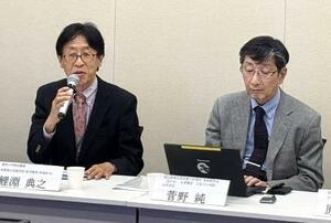 　高木基金の会合で発言する鯉淵典之・群馬大特別教授（左）＝２０２５年１１月、東京都千代田区
