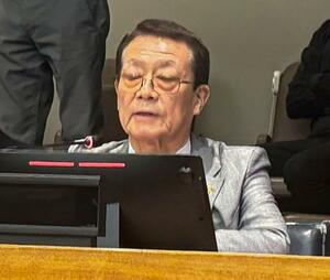 障害者権利条約締約国会議の関連イベントで発言する藤井克徳さん=6月、米ニューヨークの国連本部(日本障害フォーラム提供)