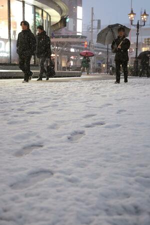 雪が降る中、歩く人たち=1月8日、新潟市中央区