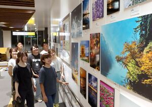 胎内と村上の自然や風景などさまざまな写真作品が並ぶ愛好家3グループの合同展=JR中条駅