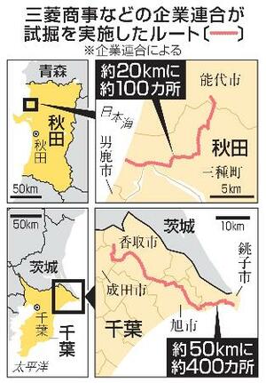 三菱商事などの企業連合が試掘を実施したルート