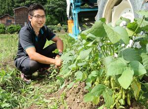 枝豆の生育状況を確認する小玉力也さん=柏崎市西山町尾野内