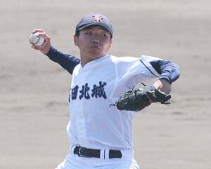長岡商-高田北城。先発し6回無失点の高田北城齋藤直弥=柏崎市佐藤池