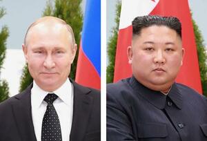 ロシアのプーチン大統領、北朝鮮の金正恩朝鮮労働党総書記(いずれも朝鮮通信=共同)