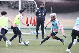 練習を見守る船越優蔵監督（中央奥）＝宮崎県都城市