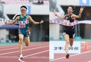 男子で連覇した中越のアンカー川上大敬（左）と、女子で３連覇を果たした新潟明訓のアンカー福田せりえ（右）＝ビックスワン