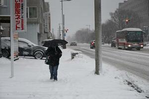 北海道苫小牧市内の雪道を歩く女性=11日午後2時28分