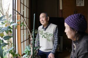 野鳥がやって来る庭を眺める佐山勲さん、千代さん夫婦=新潟市西区