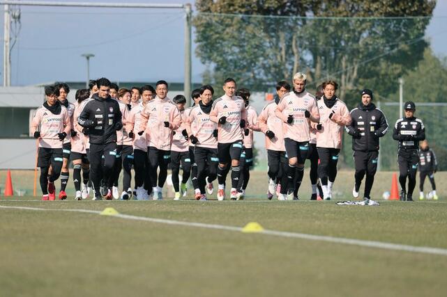 体を動かす選手たち＝宮崎県都城市