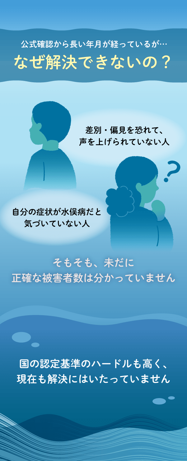 公式確認から長い年月が経っている中で、なぜ解決できないの?:差別・偏見を恐れて、声を上げられていない人や自分の症状が水俣病だと気づいていない人もいるとされ、そもそも未だに正確な被害者数は分かっていません。国の認定基準のハードルも高く、現在も解決にはいたっていません