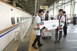 錦鯉が入った箱を上越新幹線の車両に運び込むＪＲ東日本の社員＝２７日、ＪＲ長岡駅