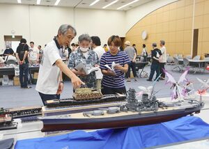 軍艦、自動車、飛行機などの力作が並んだ柏崎模型展=6日、柏崎市東本町1