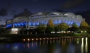 「世界脳卒中デー」に合わせてライトアップされたデンカビッグスワン＝２８日、新潟市中央区