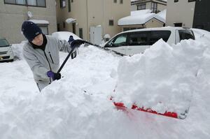 急な積雪増で駐車場の除雪に追われる地域住民=2月8日、新潟市中央区