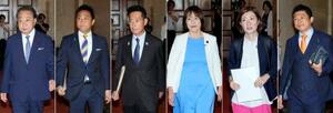 与野党党首会談に臨む(左から)立憲民主党の野田代表、国民民主党の玉木代表、日本維新の会の前原共同代表、共産党の田村委員長、れいわ新選組の大石共同代表、参政党の神谷代表=7月25日午前、国会