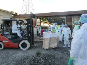 豚熱の感染が確認された養豚場で始まった防疫作業=8月15日、新発田市(新潟県提供)
