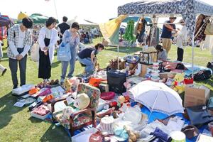 ぬいぐるみやフィギュアなどがずらりと並んだフリーマーケット=5月25日、新潟市柏崎市西港町