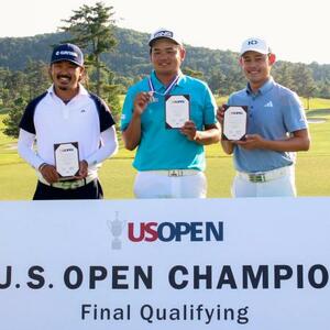 全米オープン選手権の出場権を獲得した(左から)佐藤大平、大岩龍一、大西魁斗=日野GC