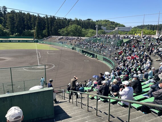 試合開始を待つ観客＝１０日、長岡市悠久山野球場