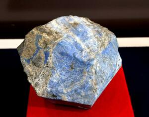 多くの来場者を魅了した糸魚川産ラピスラズリの展示＝７日、糸魚川市一ノ宮
