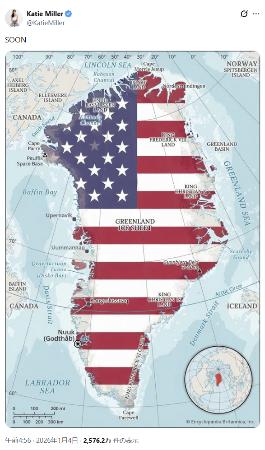 　ミラー米大統領次席補佐官の妻ケイティさんがＸ（旧ツイッター）に投稿した、グリーンランドの地図に星条旗を描いたイラスト