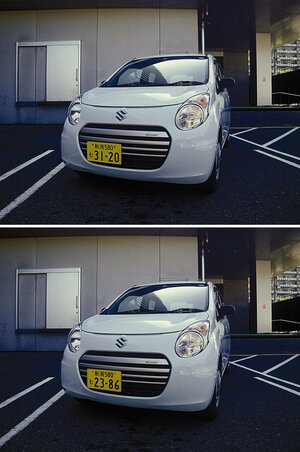 専用カメラで撮影し、ライトワンスカードに記録した原本の画像＝写真（上）＝と、パソコンに移しナンバープレートを加工した画像＝写真（下）＝。画像は別のライトワンスカードに保存できた（車両、置き換えたナンバープレートはいずれも新潟日報社が所有）