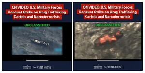 米ホワイトハウスが公開した動画のこま落とし画像。ベネズエラから麻薬を運んでいたと米国が主張する船が攻撃を受ける様子だとされている(ホワイトハウス提供、ロイター=共同)