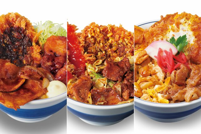登場するたびに話題になる「かつや」の期間限定メニュー。左から「豚ＤＸ（デラックス）丼」、「かつやの中華ざんまい丼」、「牛・豚・鶏のトリプルカツ丼」。あれも食べたい、これも食べたい…。そんな欲望を満たしてくれる（アークランドサービスホールディングス提供）