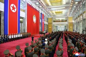 平壌の万寿台議事堂で開かれた建国77年の記念行事=9日(朝鮮中央通信=共同)