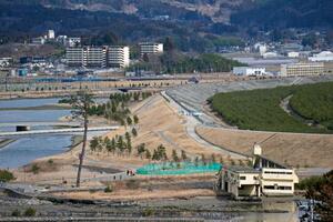 　岩手県陸前高田市の高田地区海岸の巨大防潮堤と災害公営住宅（左上）＝１０日午後