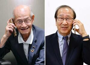 ノーベル化学賞受賞が決まり、吉野彰・旭化成名誉フェロー(左)と電話対談する北川進京都大特別教授=8日夜