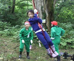 森の中で一緒に遊んで楽しむ戸野目小と諏訪小の児童=上越市の二貫寺の森