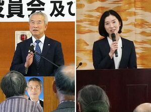 町の現状や方向性について訴える佐野恒雄さん＝田上町田上（左）と町政報告会で決意を語る今井幸代さん＝田上町羽生田