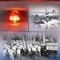 ビキニ環礁で1954年3月に米国が行った水爆実験(米エネルギー省提供、左上)、東京の米軍横田基地(右上)、米軍立川基地拡張に反対する住民集会(下)のコラージュ