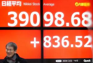 3万9098円68銭を付けた日経平均株価の終値を示すモニター=2月22日、東京都中央区