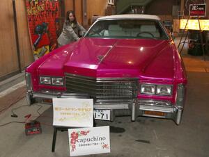 倉庫に保管されているピンクのキャデラック。倉庫を利用している企業の立て看板の後ろで重厚な存在感を放っている＝三条市島田２