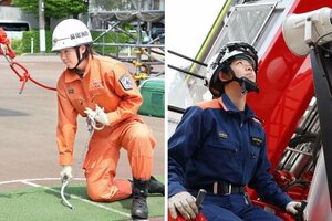 はしご登はんの訓練をする須田葵さん(左)、はしご車を操縦する今井緑さん=長岡市
