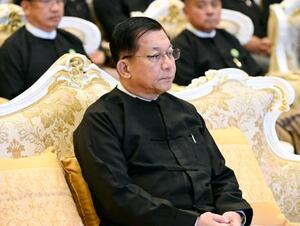 　ミャンマー首都ネピドーでの式典に出席したミンアウンフライン国軍総司令官（当時）＝３月（共同）