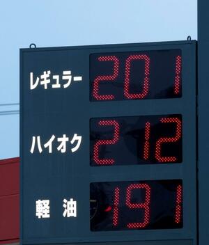 レギュラーガソリンを１リットルあたり２０１円で販売するガソリンスタンド＝１８日、新潟市
