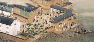 出島のオランダ商館の様子。輸入品の検品や輸出品の荷出しをしている（長崎歴史文化博物館蔵）