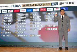 韓国との強化試合に臨むメンバーを発表し、ポーズをとる野球日本代表の井端監督=8日、東京都内