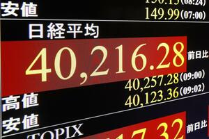 一時、史上初めて4万円を超えた日経平均株価を示すモニター=3月4日午前、東京・東新橋