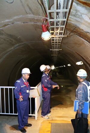 三国川ダム周辺を点検する三国川ダム管理所職員ら=南魚沼市清水瀬