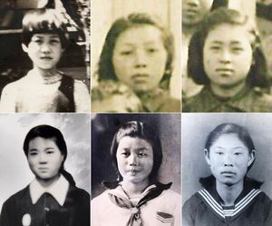 鉄道教習生の遺影。上段左から池田トシさん、齋藤芳乃さん、渡辺修さん、下段左から新保安枝さん、田玉良子さん、竹本友子さん