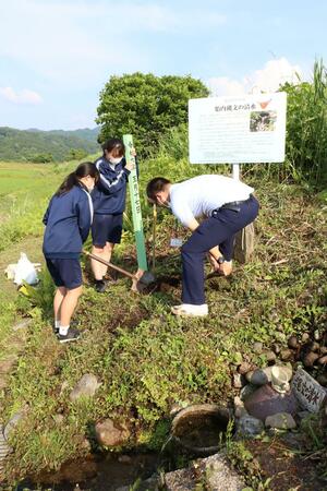 胎内縄文の清水の脇に説明看板を設置した黒川中の生徒ら=胎内市熱田坂
