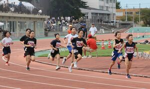 晴天下、疾走する選手たち=佐渡市名古屋