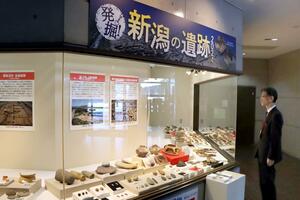 県内遺跡の発掘調査で出土した品々が並ぶ企画展=新潟市秋葉区金津