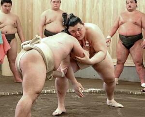 　藤ノ川との稽古で汗を流す大の里（右）＝大阪府東大阪市の二所ノ関部屋宿舎