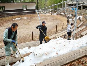 山古志闘牛場で行われた除雪作業=20日、長岡市山古志南平
