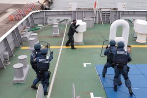 船内でテロリストを取り押さえる訓練をする海上保安官=上越市の直江津港
